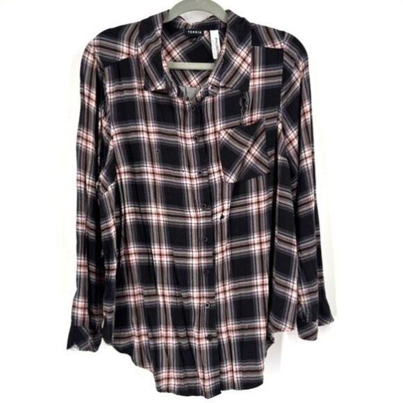 torrid Tops - Torrid Womens Button Up Flannel Black Pink Size 2X Distressed Destroyed Rancher